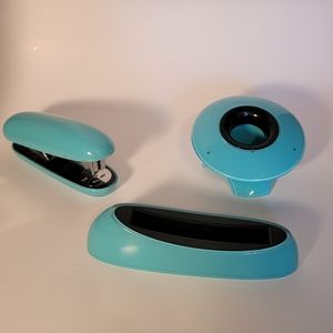 Retro Design Teal Desk Set, Stapler, Paper Clip Holder, & Business Card Holder